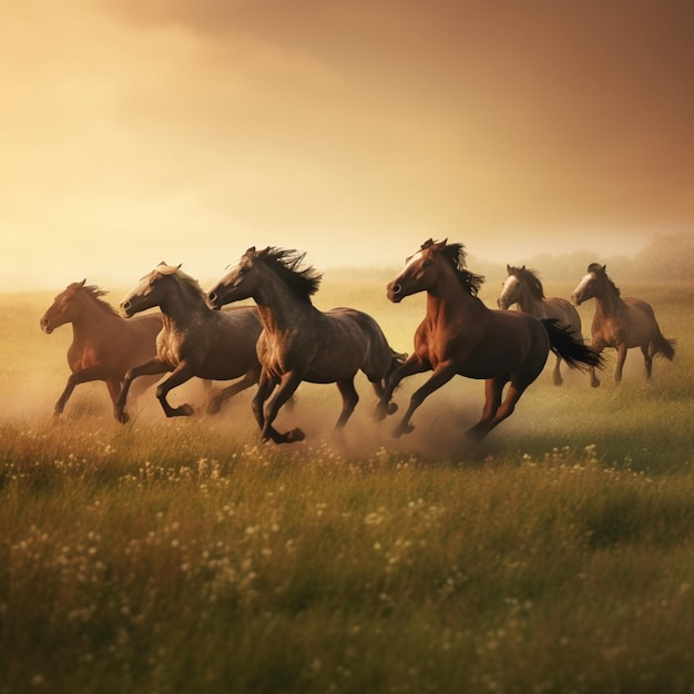 Cavalos correndo em um campo com um fundo do céu generativo ai