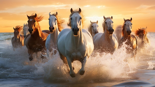 Cavalos correndo na água da praia