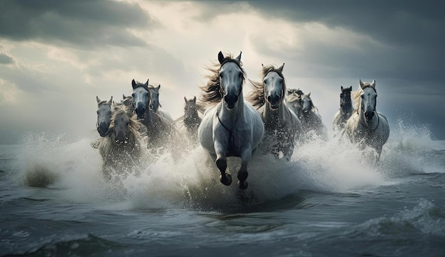 cavalos correndo na água no estilo de branco escuro e bege claro