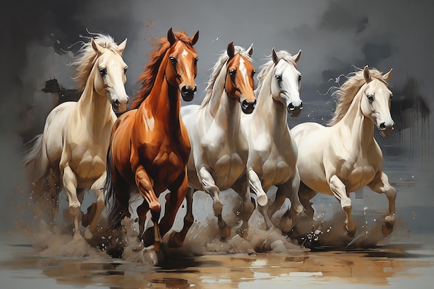 Cavalos correndo na água pintura digital ilustração de cavalos selvagens