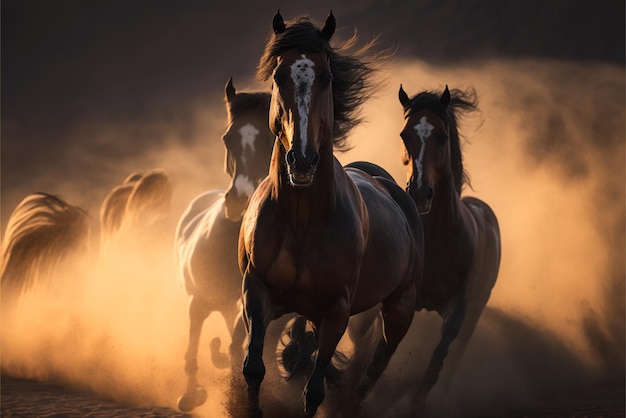 Cavalos correndo na poeira com e geração de fundo ai