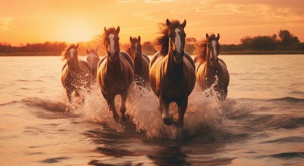 Cavalos correndo pela água ao pôr do sol em um lago generativo ai