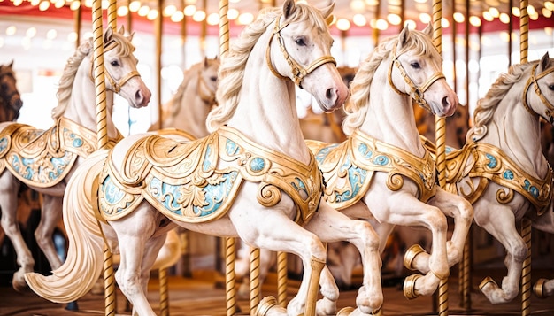 Cavalos de carrossel brincalhões em parques de diversões