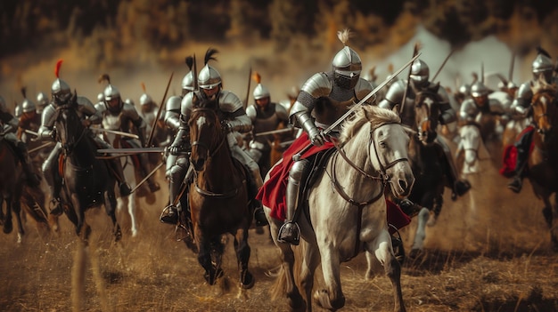 Cavalos de guerra a levantar-se em desafio enquanto os cavaleiros avançam com as lanças niveladas