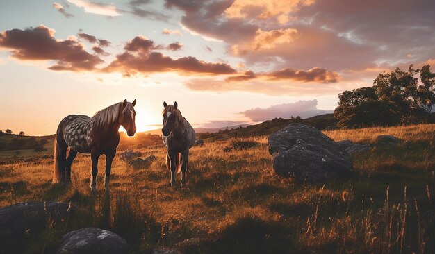 Cavalos de pôr-do-sol em pé numa colina no meio da floresta