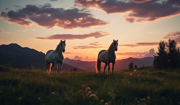 Cavalos de pôr-do-sol em pé numa colina no meio da floresta