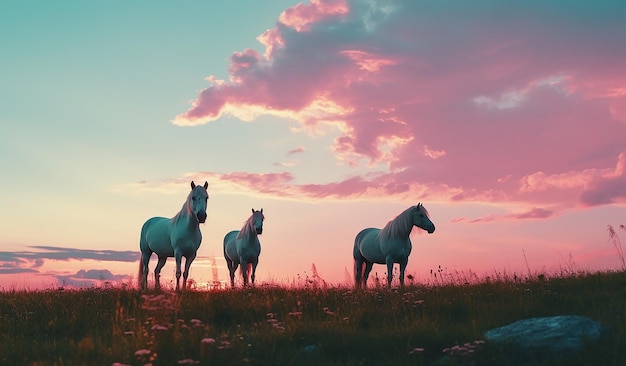 Cavalos de pôr-do-sol em pé numa colina no meio da floresta