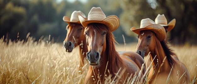 Cavalos e póneis com chapéus de cowboy