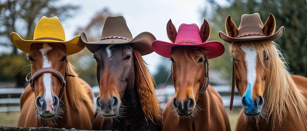 Foto cavalos e póneis com chapéus de cowboy