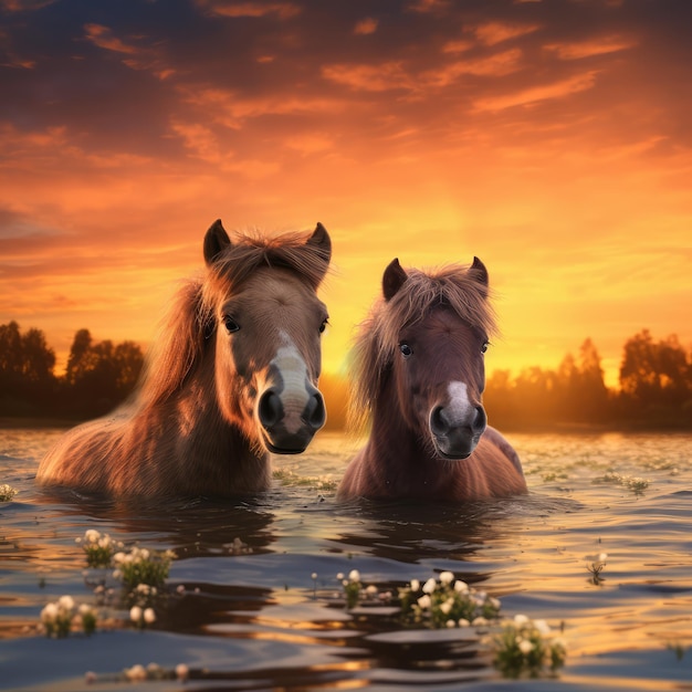 Cavalos fofos e pacíficos no natu