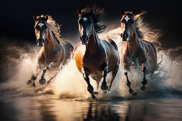 Cavalos galopando saltando sobre a câmera em um rio