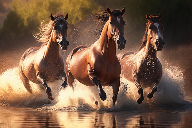 Cavalos galopando saltando sobre a câmera em um rio