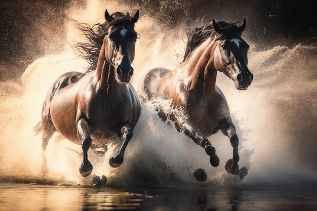 Cavalos galopando saltando sobre a câmera em um rio