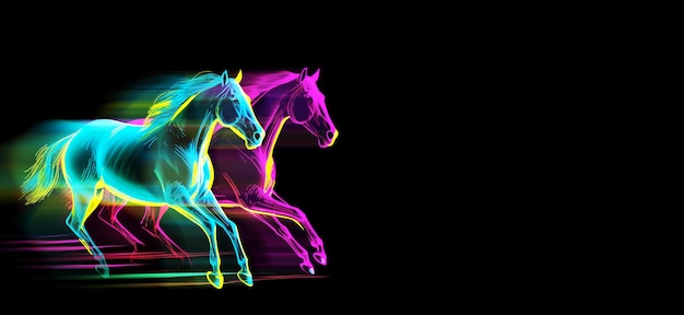 Cavalos neon correndo isolados em ia generativa preta