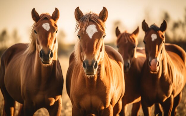 Cavalos pastando pacificamente em grupo