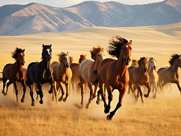 Cavalos selvagens galopando pelas estepes douradas da Mongólia