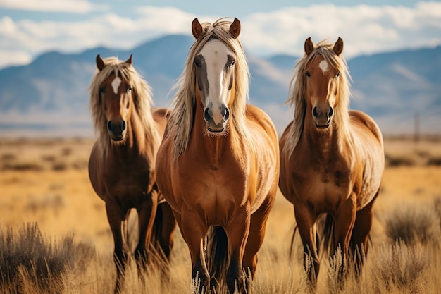 Cavalos selvagens pastando na vasta estepe Generative Ai