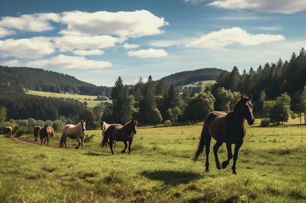 Cavalos vagando em pastagens extensas