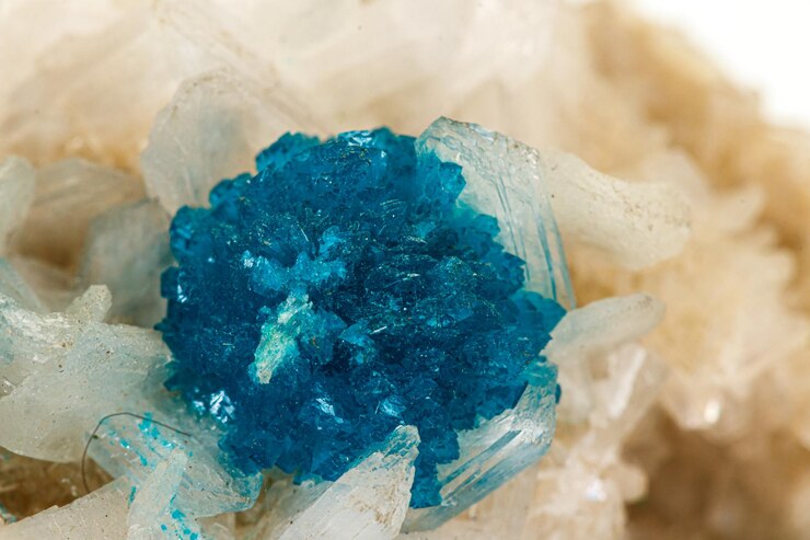 Foto cavansite mineral de pedra macro no fundo branco