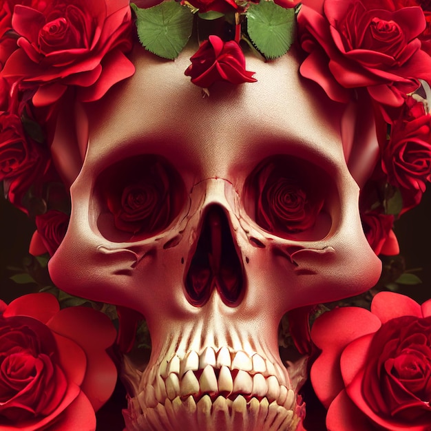 Caveira branca com rosas vermelhas. Imagem da doce morte. Resto de um cadáver com flores. ilustração 3D