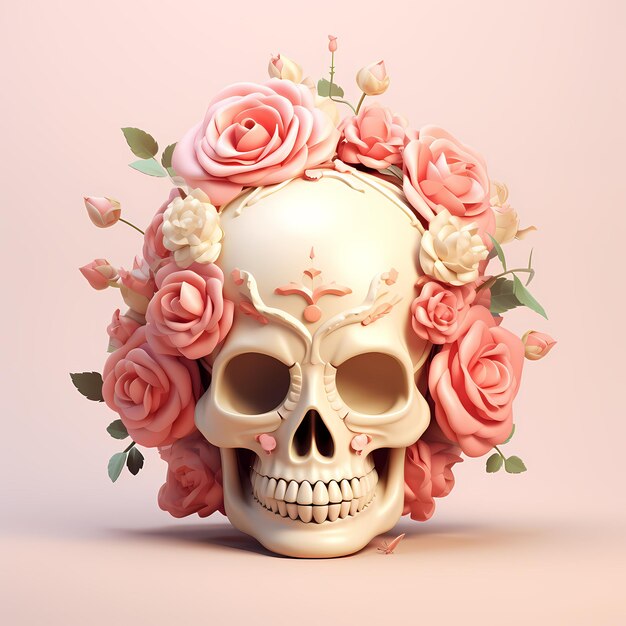 caveira com rosas flor 3d cores pastel suaves