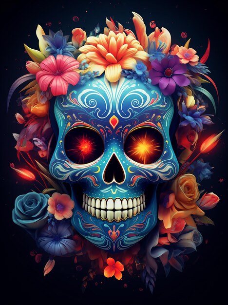 caveira de açúcar calavera tradicional decorada com flores no dia dos mortos ilustração 3d