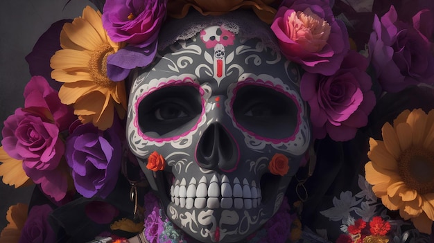 Caveira de Catrina mexicana adornada com flores