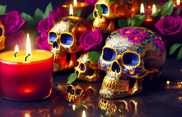 Foto caveira de ouro para dia de los muertos dia dos mortos com velas e flores