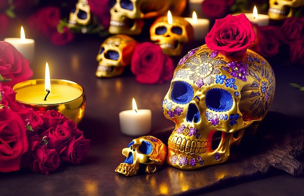 Caveira de ouro para dia de los muertos dia dos mortos com velas e flores