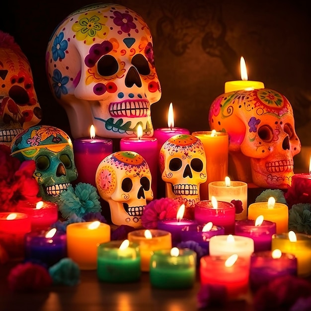 Caveiras do Dia dos Mortos Dia de los Muertos Dia dos Mortos e fundo de Halloween mexicano Festival de tradição mexicana Dia da caveira de açúcar morto Dia de los Muertos gerar ai