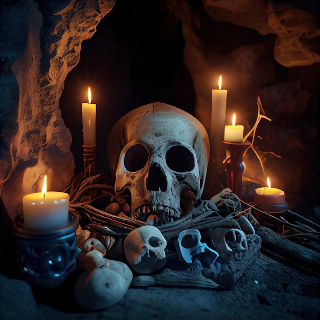 Caverna antiga assustadora com velas e caveiras em chamas Uma velha gruta abandonada com ossos