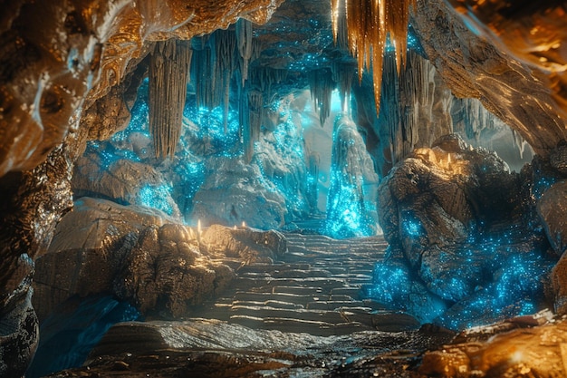 Foto caverna bioluminescente com caráter deslocado no tempo