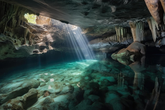 Caverna com formações intrincadas e delicadas em águas cristalinas criadas com IA generativa