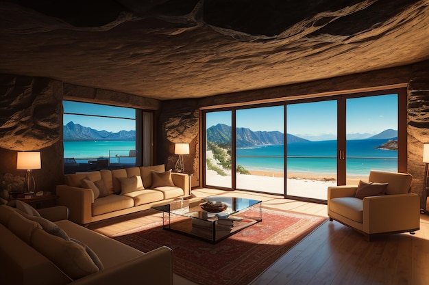 Foto caverna com telhado de pedra, tema ecológico original, habitação, vista para o mar, villa, quarto azul, vista para o mar