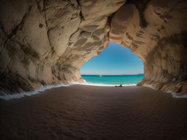 Caverna com um barco na água e um céu com um veleiro ao fundo