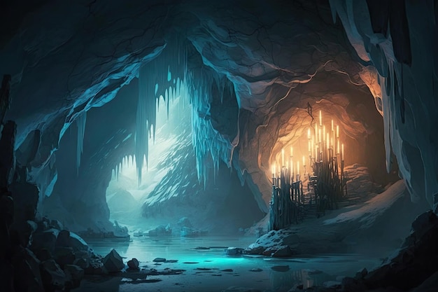 Una caverna congelada con carámbanos que cuelgan del techo proyectando un brillo de ensueño sobre todo lo creado