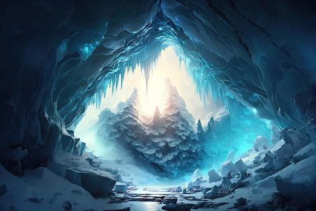 Una caverna congelada con una imponente formación de hielo iluminada por la luz natural que fluye a través de la apertura