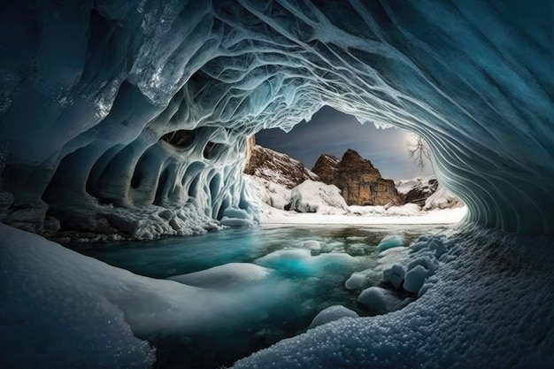 Una caverna congelada con un río que la atraviesa creando esculturas de hielo natural creadas con generat