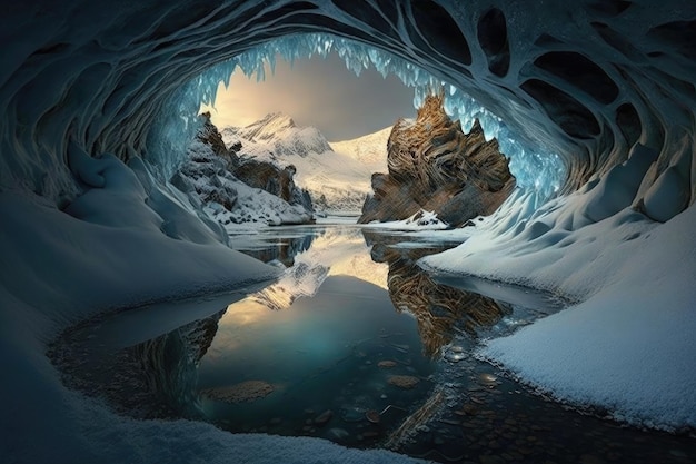 Una caverna congelada con un río que la atraviesa creando hermosos reflejos creados con generati