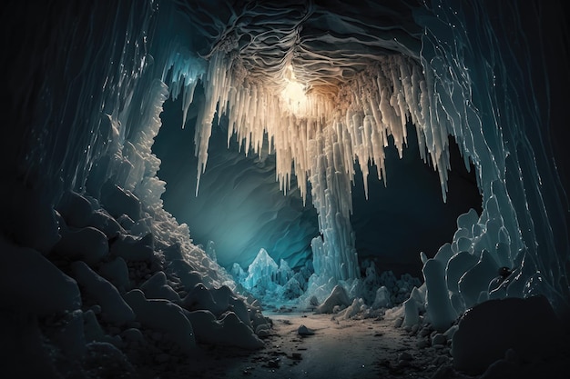 Una caverna congelada con una serie de formaciones de hielo y carámbanos incluyendo un candelabro carámbano natural cr