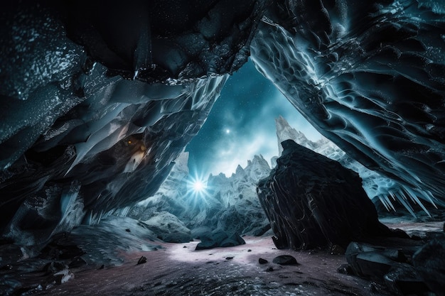 Caverna congelada con vista al cielo nocturno y estrellas centelleantes creadas con IA generativa