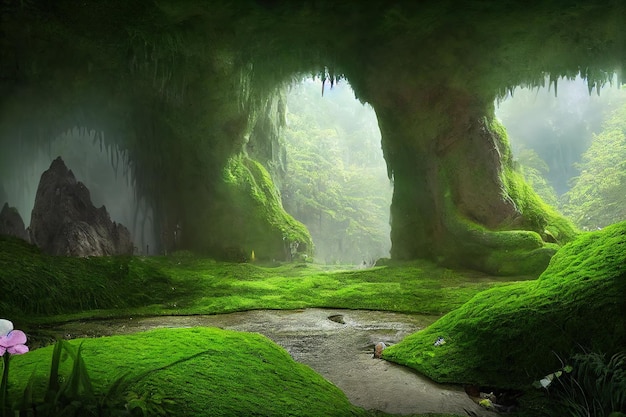 Caverna da selva na rocha com musgo de grama de árvores verdes e ilustração 3d de videiras penduradas