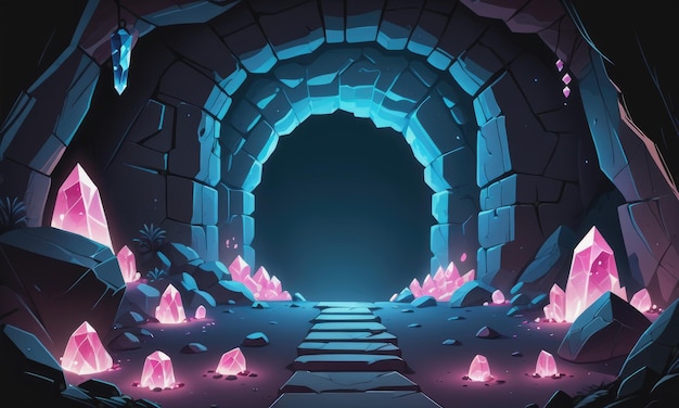 Caverna de desenho animado com cristais rosa nas paredes de pedra ilustração do subterrâneo