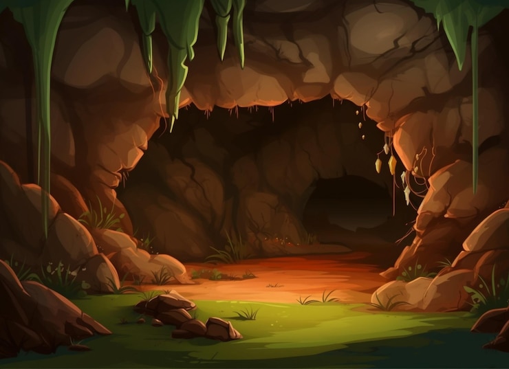 Foto caverna de desenho animado com um pequeno riacho e uma entrada de caverna ai generativa