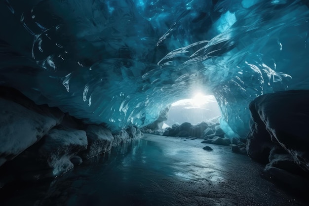 Caverna de gelo azul coberta de neve e inundada de luz