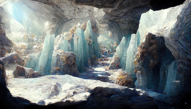 Caverna de gelo com raios de neve e estalactites de luz do dia