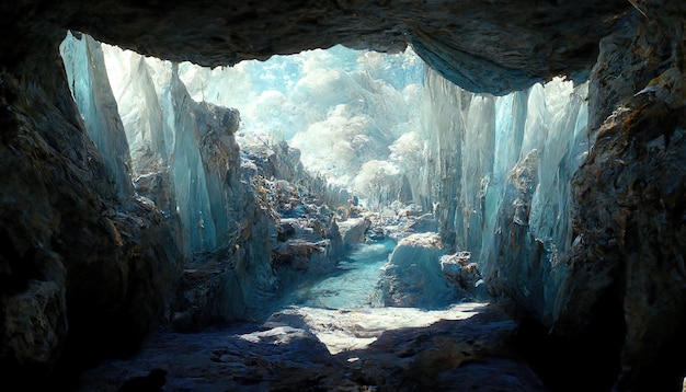 Caverna de montanha com rochas sob céu azul claro