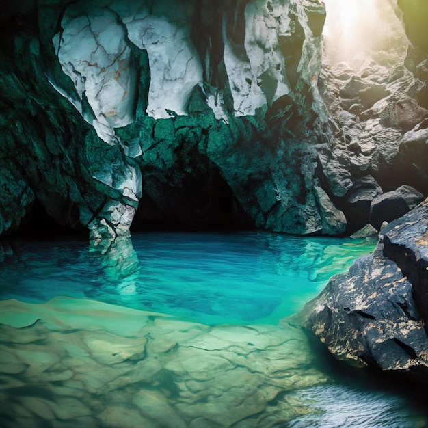 caverna de pedra de mármore com rio de água verde escuro