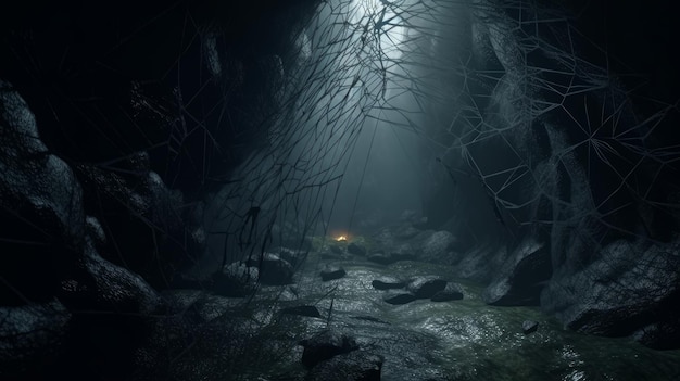 Caverna escura misteriosa com luz brilhante no escuro