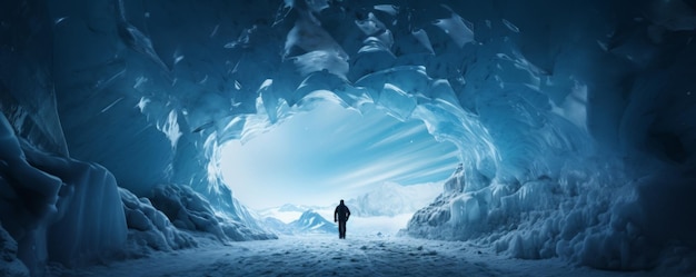 Caverna de hielo paraíso para la escalada en hielo con montañero paisaje de invierno estandarte Generative Ai